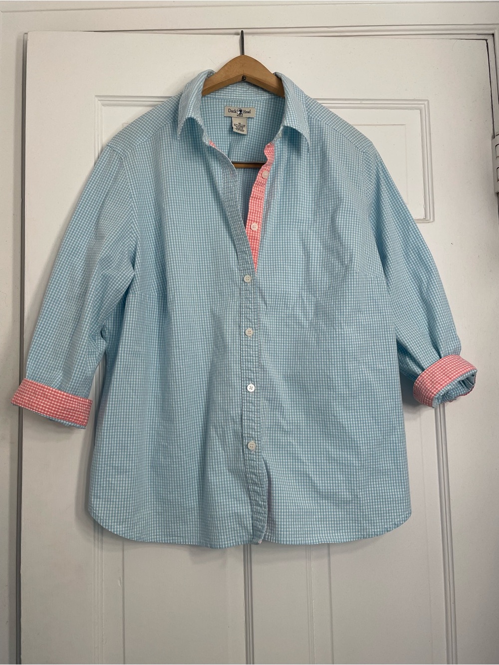 Duck Head Light Blue Gingham Button-Down with Pink Trim